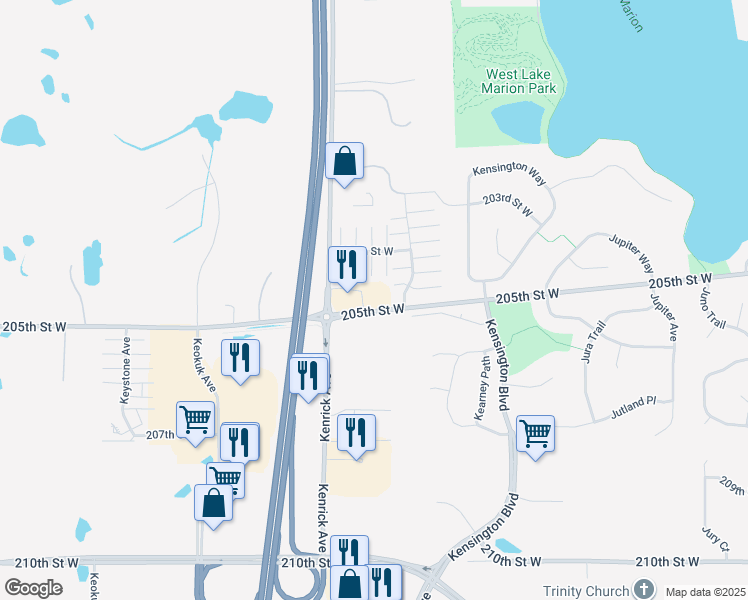 map of restaurants, bars, coffee shops, grocery stores, and more near 11175 205th St W in Lakeville