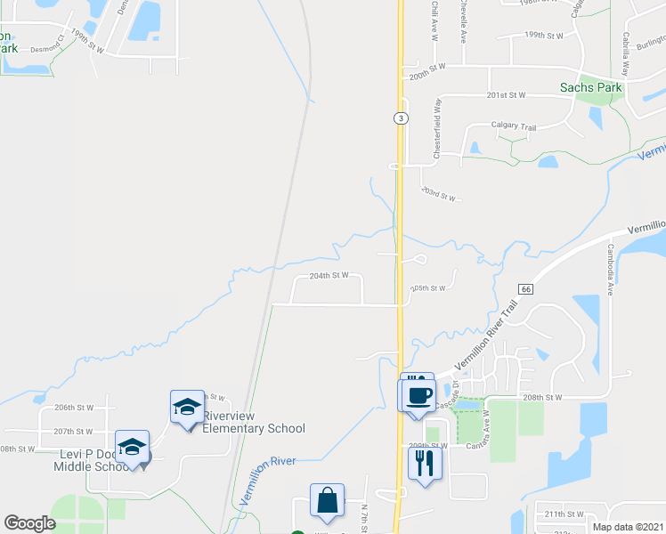 map of restaurants, bars, coffee shops, grocery stores, and more near 3647 204th Street West in Farmington