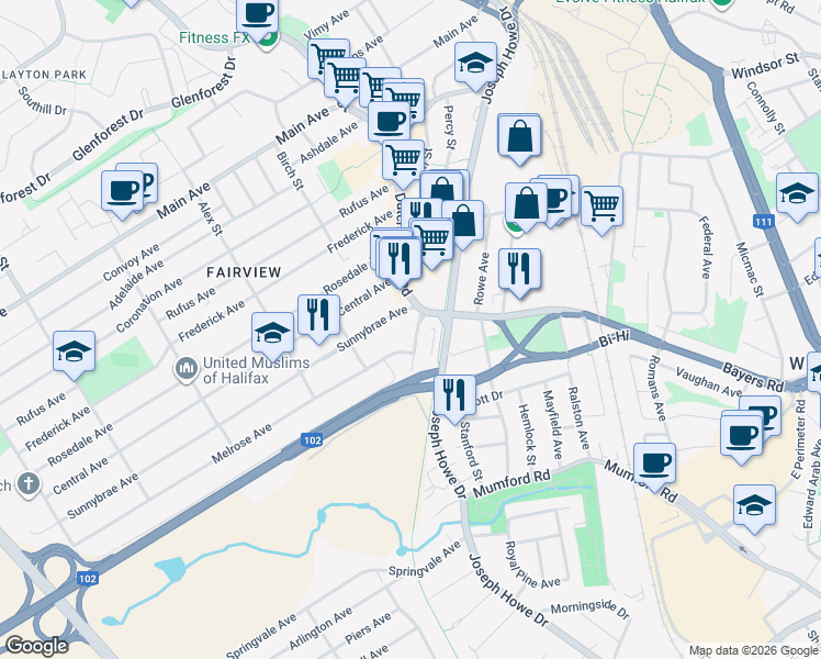 map of restaurants, bars, coffee shops, grocery stores, and more near 3342 Westerwald Street in Halifax