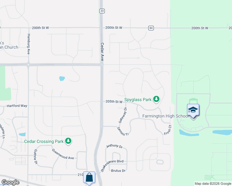 map of restaurants, bars, coffee shops, grocery stores, and more near 20200-20524 Cedar Avenue in Lakeville