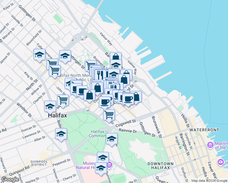 map of restaurants, bars, coffee shops, grocery stores, and more near 1-2207 Gottingen Street in Halifax