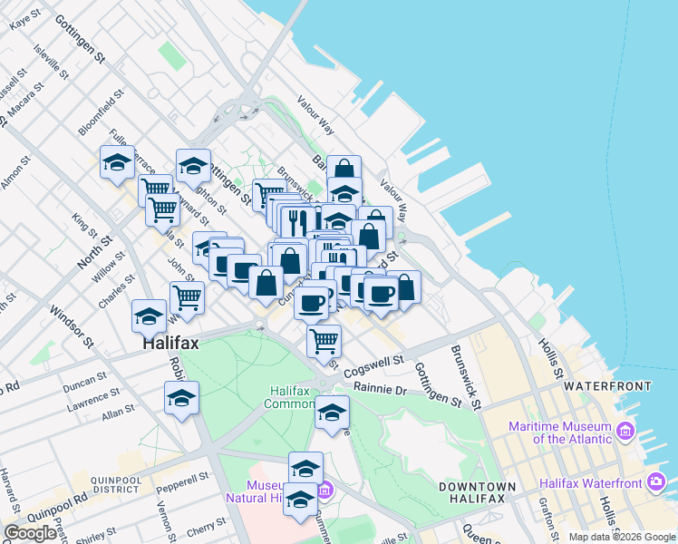 map of restaurants, bars, coffee shops, grocery stores, and more near 2250 Maitland Street in Halifax