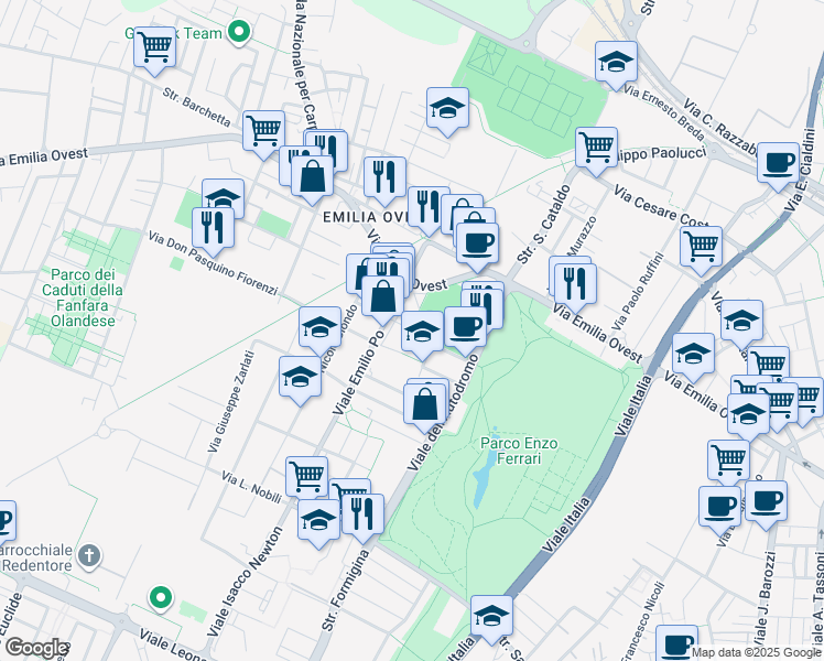 map of restaurants, bars, coffee shops, grocery stores, and more near 81 Via Alfonso Piazza in Modena