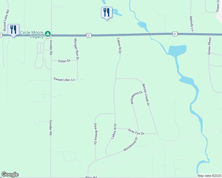 map of restaurants, bars, coffee shops, grocery stores, and more near 2390 Lakes North Drive in Interlochen
