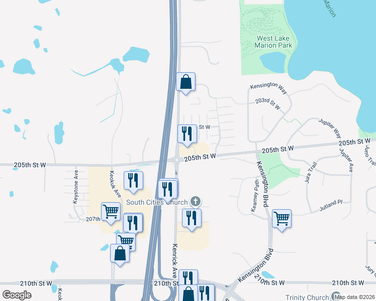 map of restaurants, bars, coffee shops, grocery stores, and more near 11211 205th Street West in Lakeville