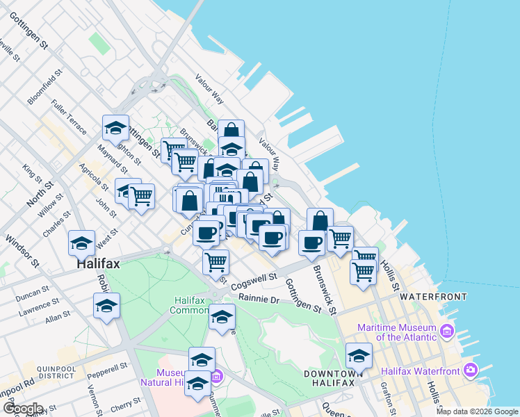 map of restaurants, bars, coffee shops, grocery stores, and more near 2172 Brunswick Street in Halifax