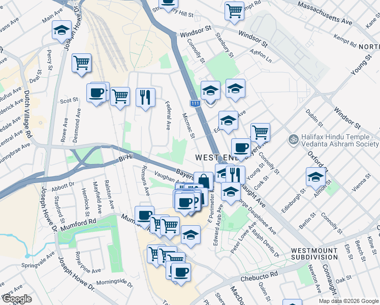 map of restaurants, bars, coffee shops, grocery stores, and more near 6672 Micmac Court in Halifax