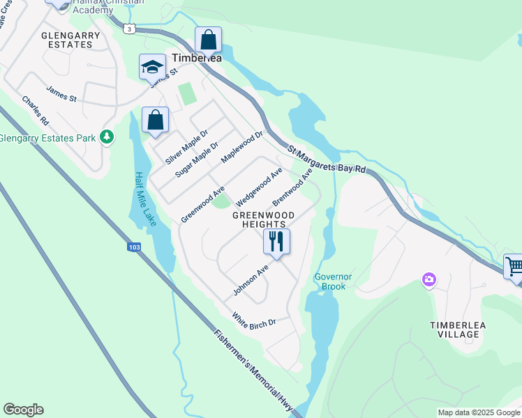 map of restaurants, bars, coffee shops, grocery stores, and more near 73 Brentwood Avenue in Timberlea