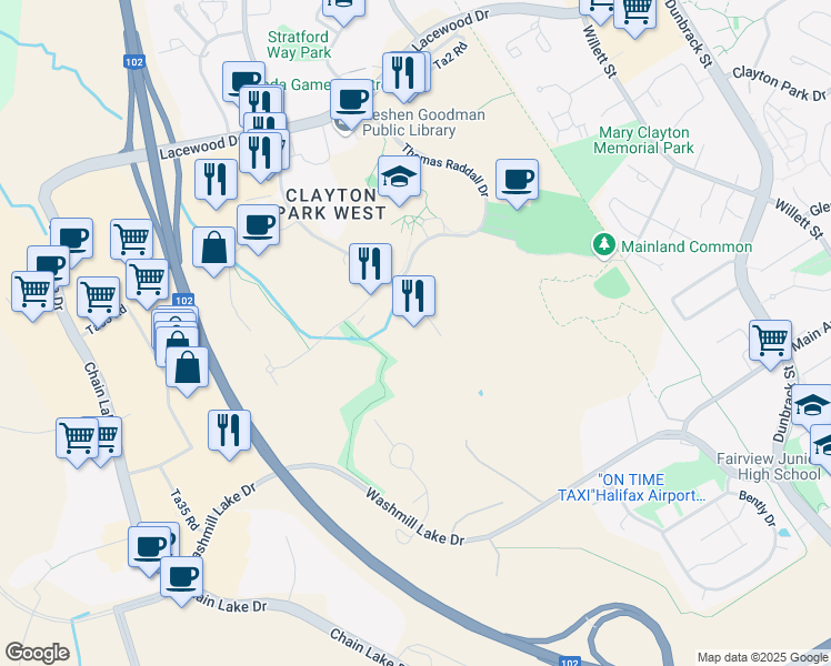 map of restaurants, bars, coffee shops, grocery stores, and more near 247 Regency Park Drive in Halifax