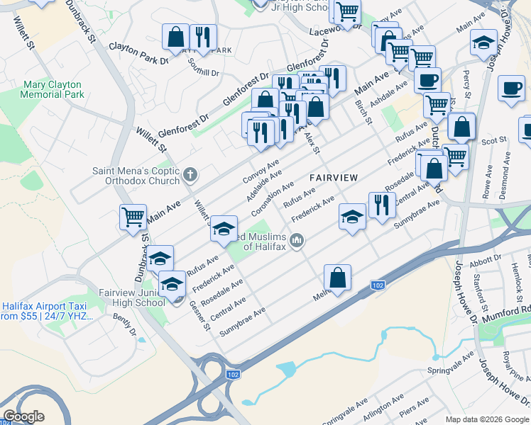 map of restaurants, bars, coffee shops, grocery stores, and more near 116 Coronation Avenue in Halifax