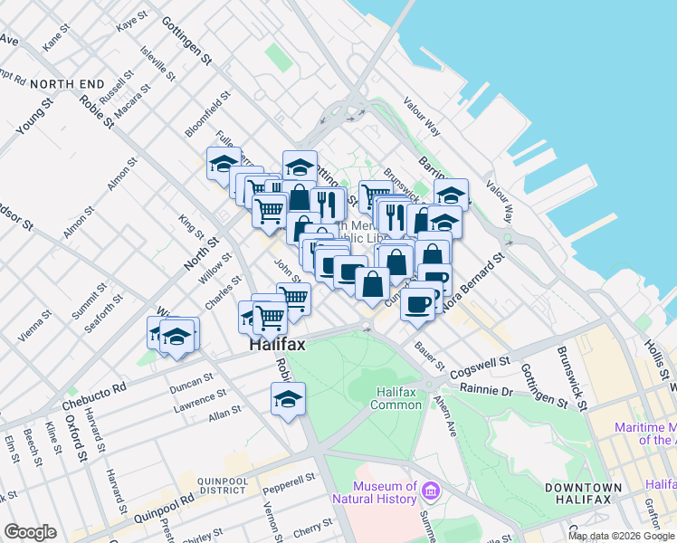 map of restaurants, bars, coffee shops, grocery stores, and more near in Halifax