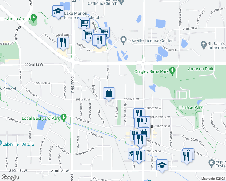 map of restaurants, bars, coffee shops, grocery stores, and more near 20464 Iberia Avenue in Lakeville