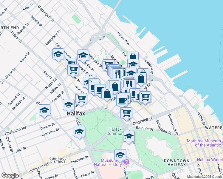 map of restaurants, bars, coffee shops, grocery stores, and more near 2344 Creighton Street in Halifax