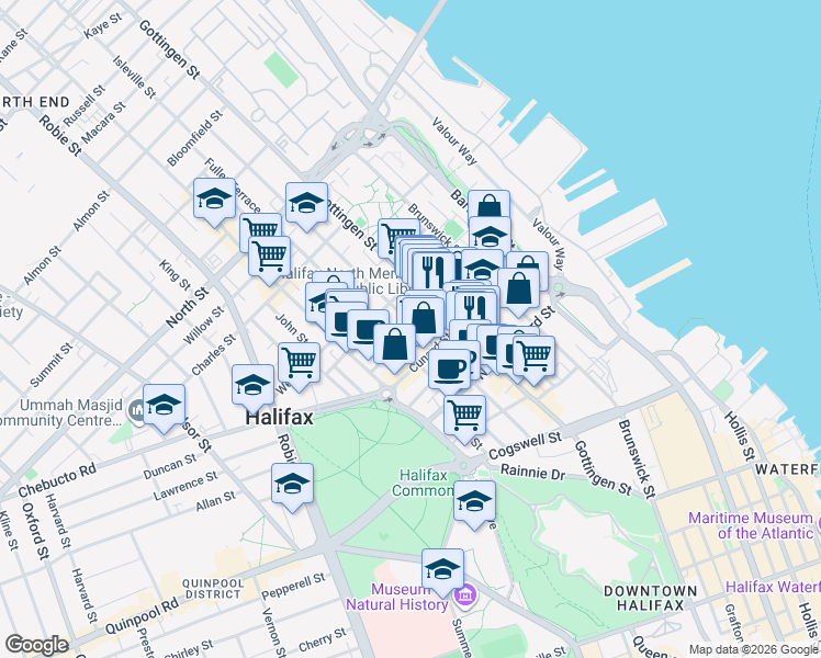 map of restaurants, bars, coffee shops, grocery stores, and more near 2344 Creighton Street in Halifax