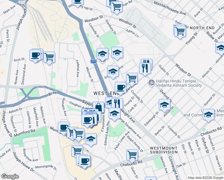 map of restaurants, bars, coffee shops, grocery stores, and more near 6559 Roslyn Road in Halifax