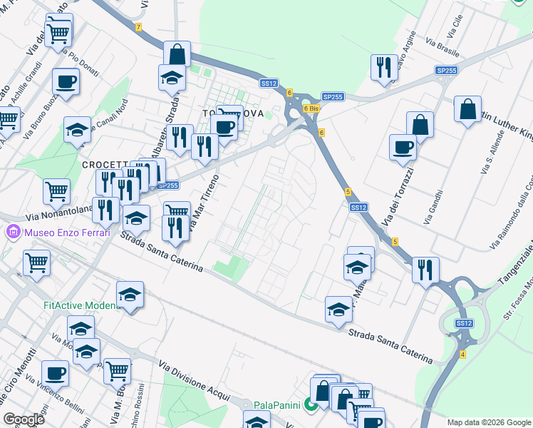 map of restaurants, bars, coffee shops, grocery stores, and more near 110 Via Mar Ligure in Modena