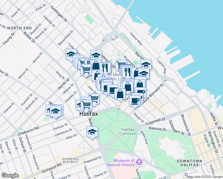 map of restaurants, bars, coffee shops, grocery stores, and more near 5677 Harris Street in Halifax