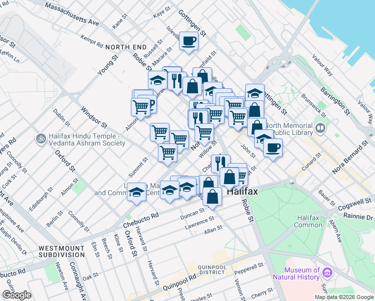 map of restaurants, bars, coffee shops, grocery stores, and more near 6135 North Street in Halifax