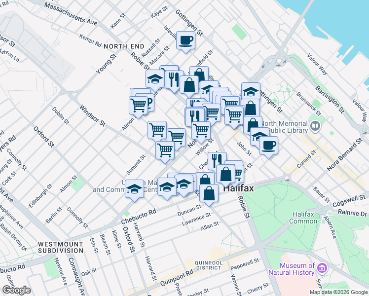 map of restaurants, bars, coffee shops, grocery stores, and more near 6135 North Street in Halifax