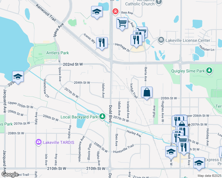 map of restaurants, bars, coffee shops, grocery stores, and more near 20410 Dodd Boulevard in Lakeville