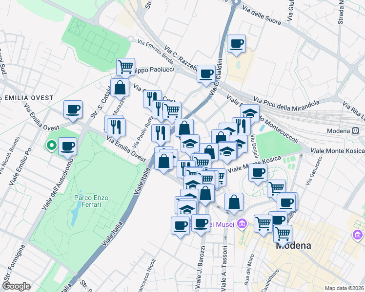map of restaurants, bars, coffee shops, grocery stores, and more near 379 Viale Gaetano Storchi in Modena