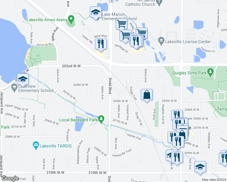 map of restaurants, bars, coffee shops, grocery stores, and more near 20390 Dodd Boulevard in Lakeville