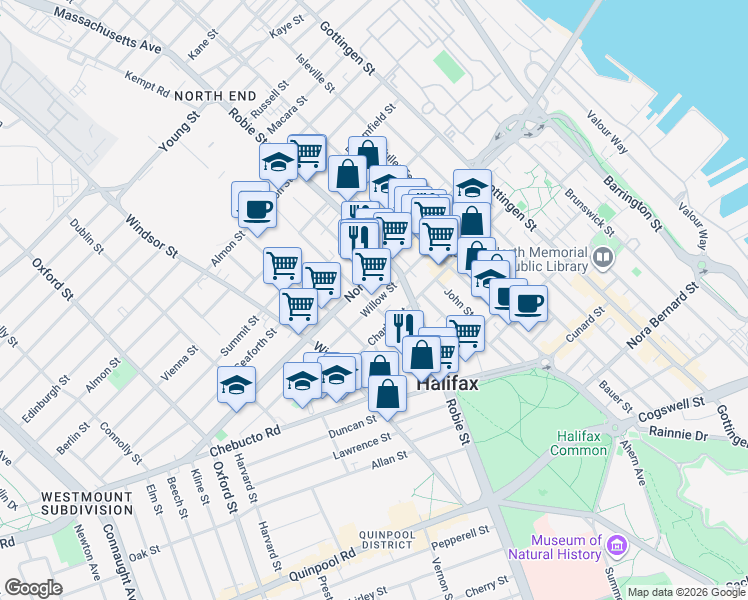 map of restaurants, bars, coffee shops, grocery stores, and more near 6057 Willow Street in Halifax