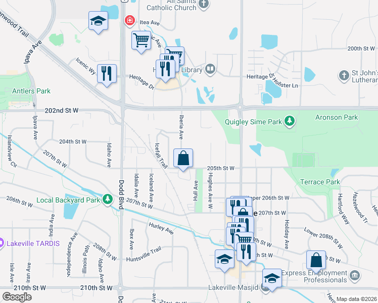map of restaurants, bars, coffee shops, grocery stores, and more near 20464 Iberia Avenue in Lakeville