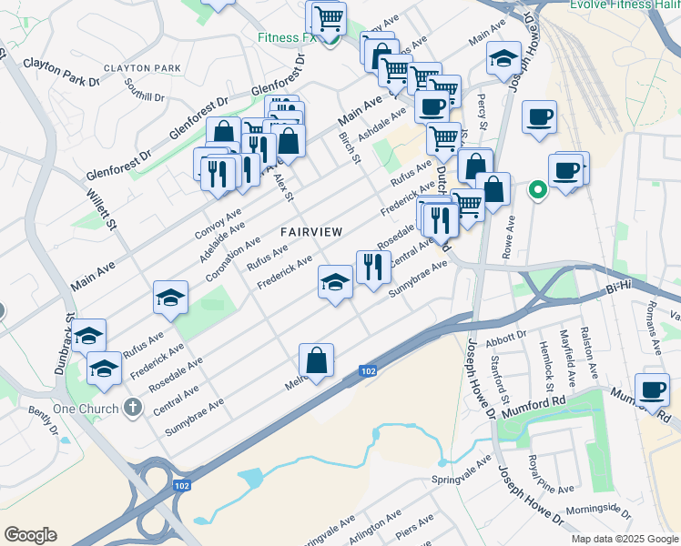 map of restaurants, bars, coffee shops, grocery stores, and more near Rosedale Avenue in Halifax