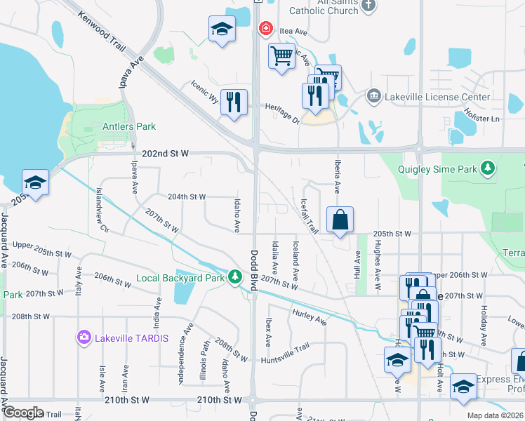 map of restaurants, bars, coffee shops, grocery stores, and more near 20410 Dodd Boulevard in Lakeville