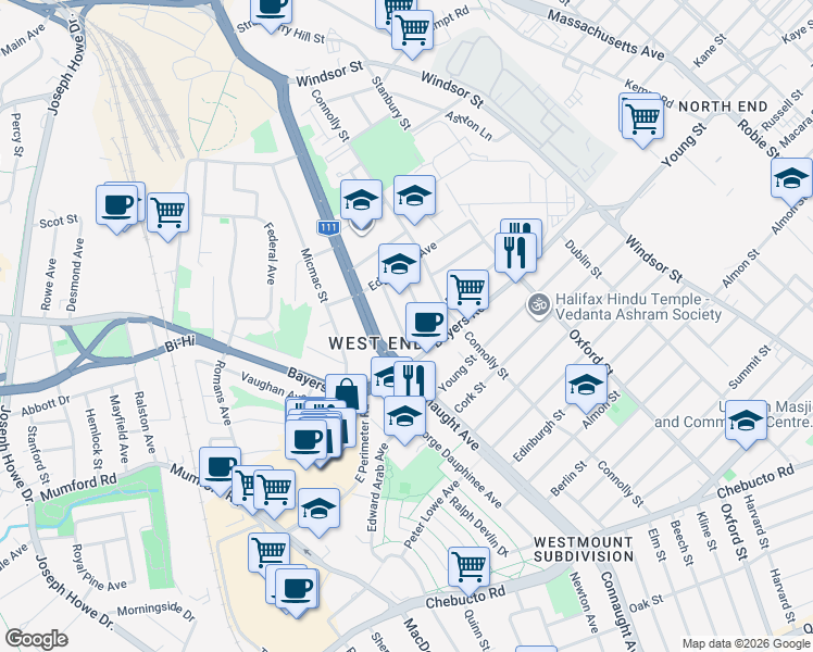 map of restaurants, bars, coffee shops, grocery stores, and more near 6559 Roslyn Road in Halifax