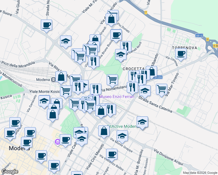 map of restaurants, bars, coffee shops, grocery stores, and more near 115 Via Nonantolana in Modena