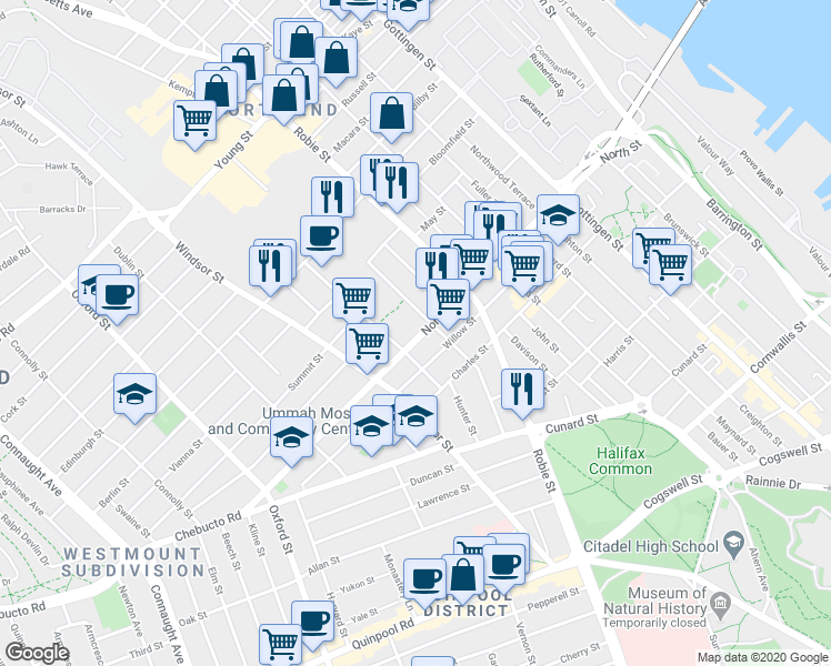 map of restaurants, bars, coffee shops, grocery stores, and more near 6125 North Street in Halifax