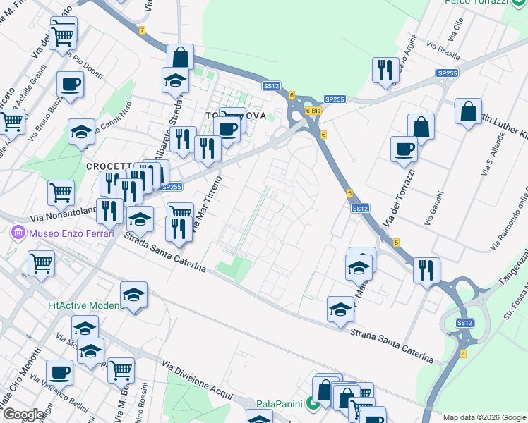 map of restaurants, bars, coffee shops, grocery stores, and more near 110 Via Mar Ligure in Modena
