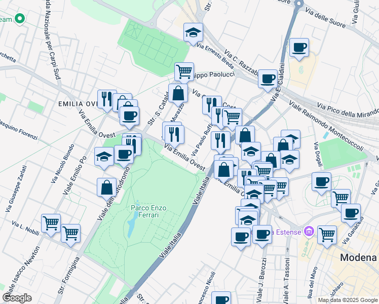map of restaurants, bars, coffee shops, grocery stores, and more near 320 Via Emilia Ovest in Modena