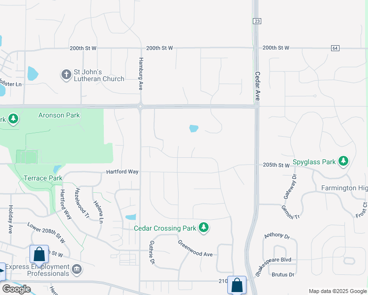 map of restaurants, bars, coffee shops, grocery stores, and more near 20384 Greenwood Avenue in Lakeville