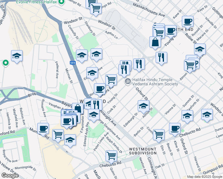 map of restaurants, bars, coffee shops, grocery stores, and more near 6494 Bayers Road in Halifax
