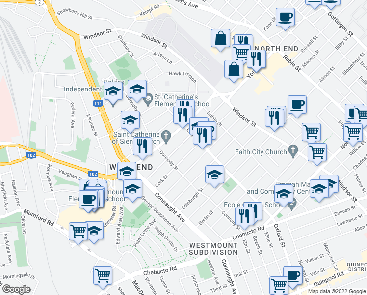 map of restaurants, bars, coffee shops, grocery stores, and more near 6450 Young Street in Halifax