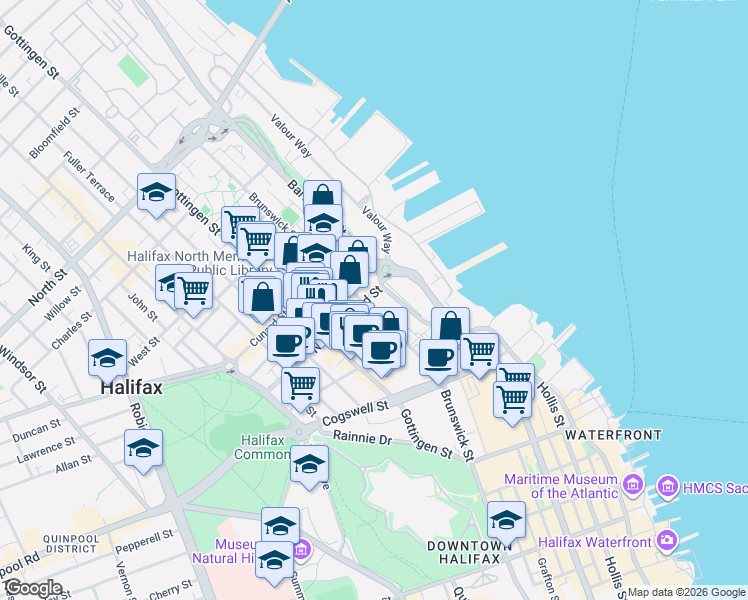 map of restaurants, bars, coffee shops, grocery stores, and more near 5230 Nora Bernard Street in Halifax