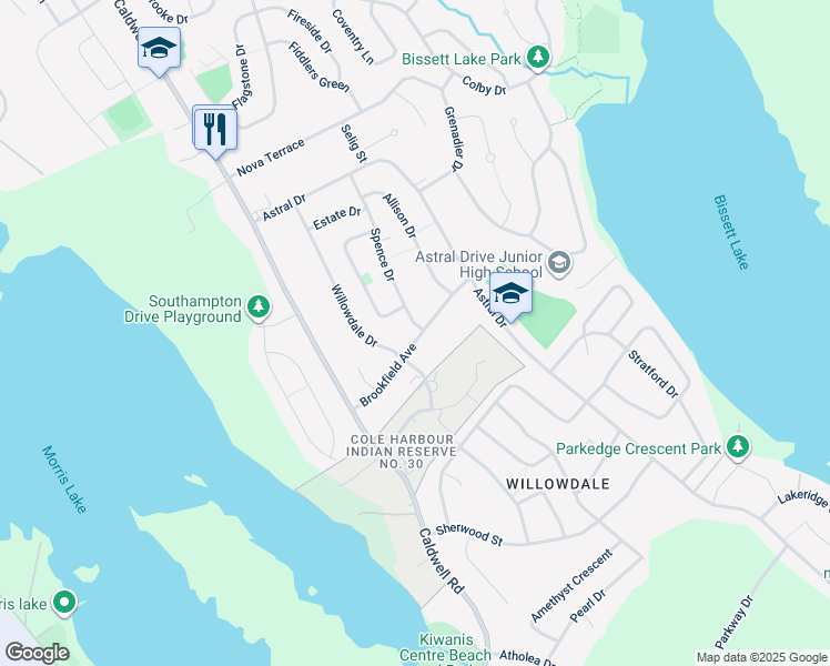 map of restaurants, bars, coffee shops, grocery stores, and more near 115 Spence Drive in Dartmouth