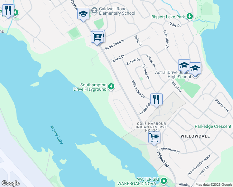 map of restaurants, bars, coffee shops, grocery stores, and more near 24 Morris Lake Drive in Dartmouth