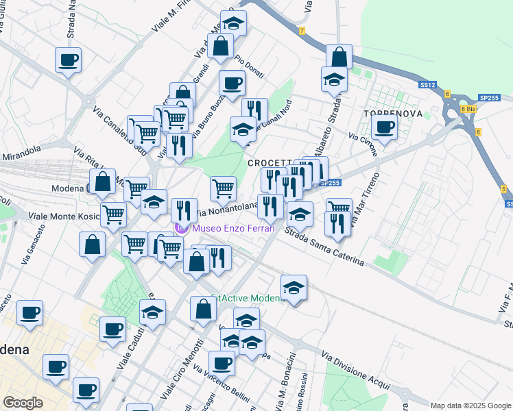 map of restaurants, bars, coffee shops, grocery stores, and more near 342 Via Nonantolana in Modena