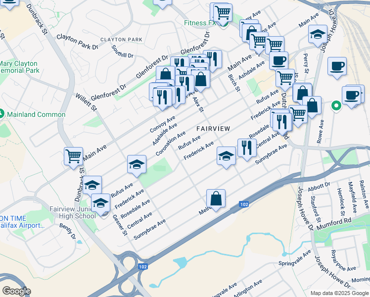 map of restaurants, bars, coffee shops, grocery stores, and more near 96B Rufus Avenue in Halifax