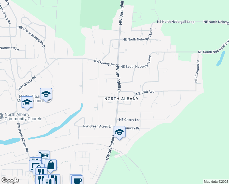 map of restaurants, bars, coffee shops, grocery stores, and more near 1350 Northwest Springhill Drive in Albany