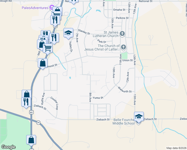map of restaurants, bars, coffee shops, grocery stores, and more near Ridge View in Belle Fourche