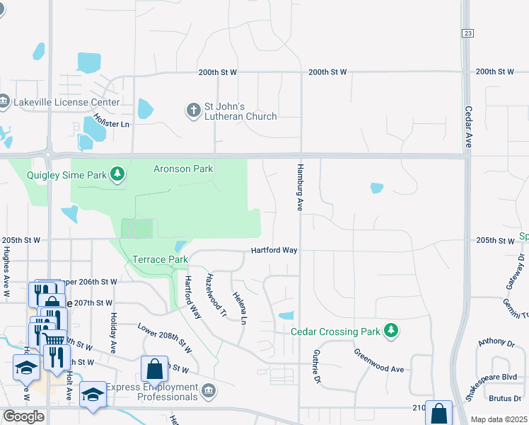 map of restaurants, bars, coffee shops, grocery stores, and more near 20370 Hampton Court in Lakeville