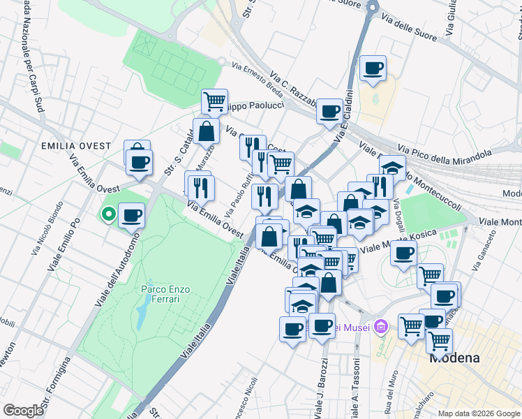 map of restaurants, bars, coffee shops, grocery stores, and more near 214 Via Carlo Zucchi in Modena