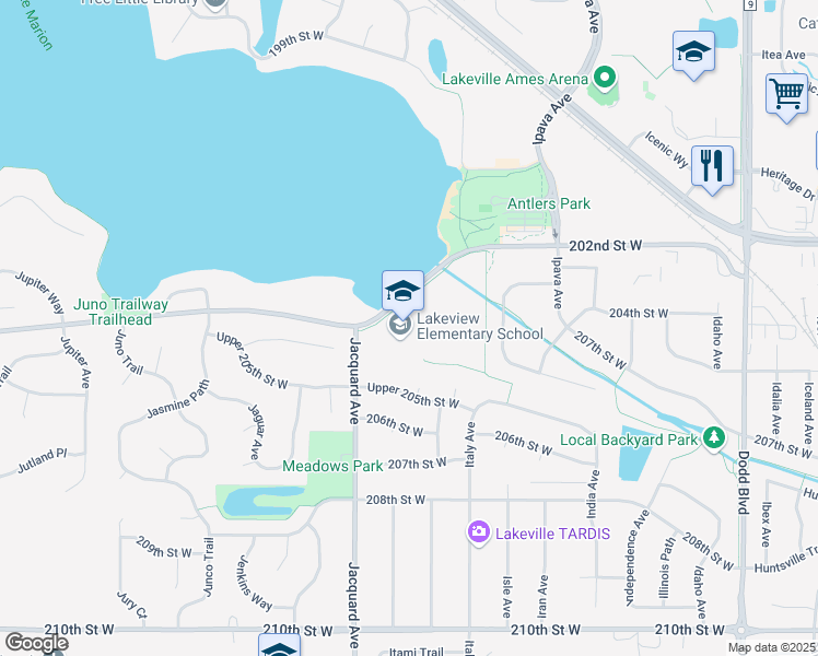 map of restaurants, bars, coffee shops, grocery stores, and more near 20500 Jacquard Avenue in Lakeville