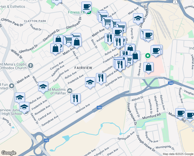 map of restaurants, bars, coffee shops, grocery stores, and more near 46 Rosedale Avenue in Halifax