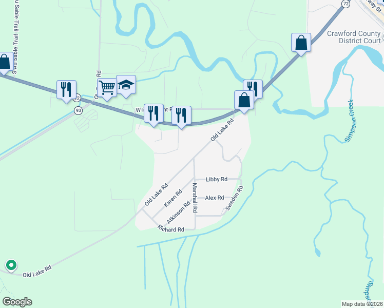 map of restaurants, bars, coffee shops, grocery stores, and more near 5858-5946 Old Lake Road in Grayling